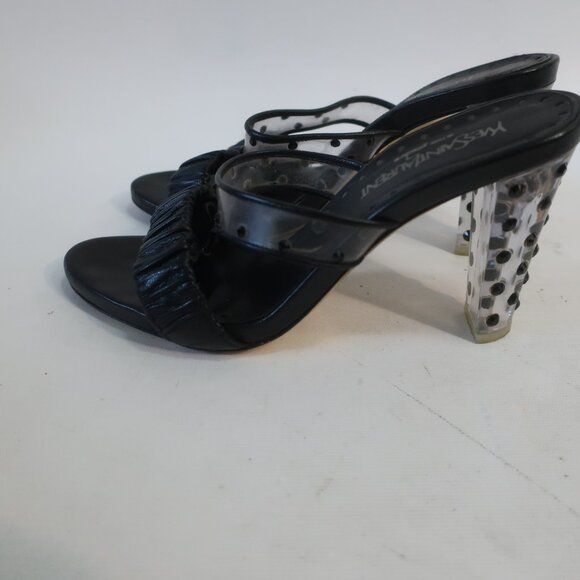 Authentic Yves Saint Laurent Ruched Leather Lucite Gem Strappy Heels 37.5 US/7.5 - Picture 7 of 12